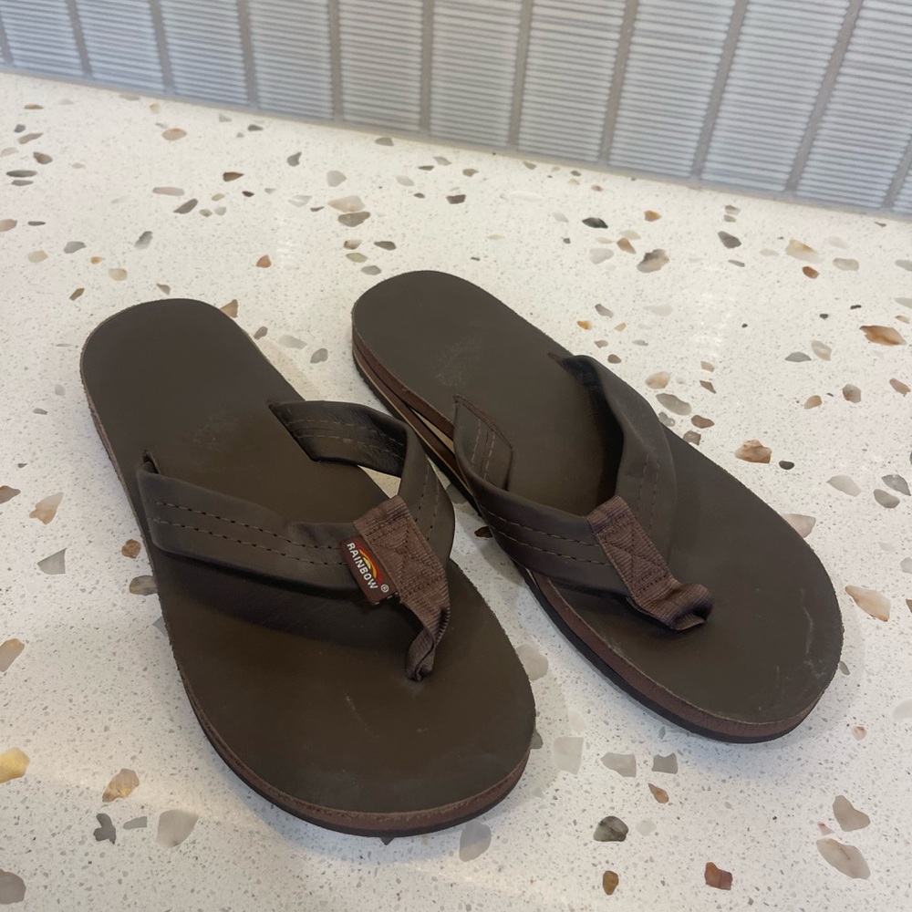 Rainbow Brown Leather Flip Flops